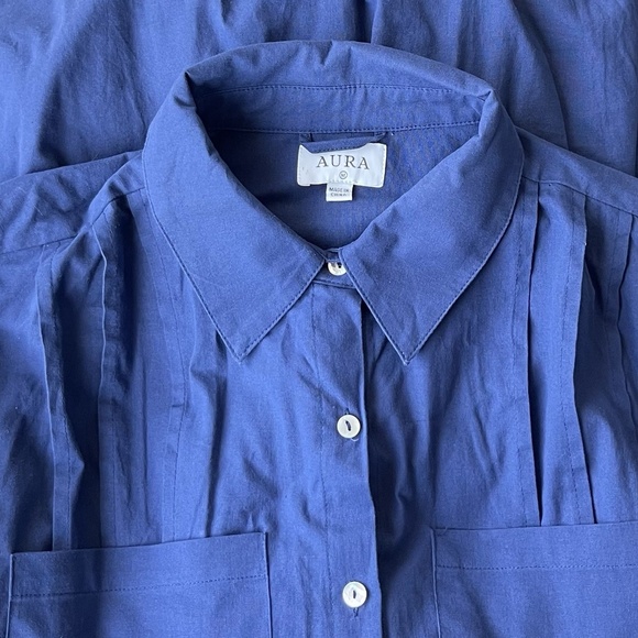 AURA Oversized Tunic Linen Blend Shirtdress M Long Sleeve Pockets Blue - Picture 3 of 3